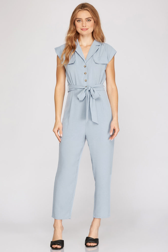 She And Sky Dolman Sleeve Flap Pocket Belted Jumpsuit In Light Blue-Rompers & Jumpsuits-She And Sky-Deja Nu Boutique, Women's Fashion Boutique in Lampasas, Texas