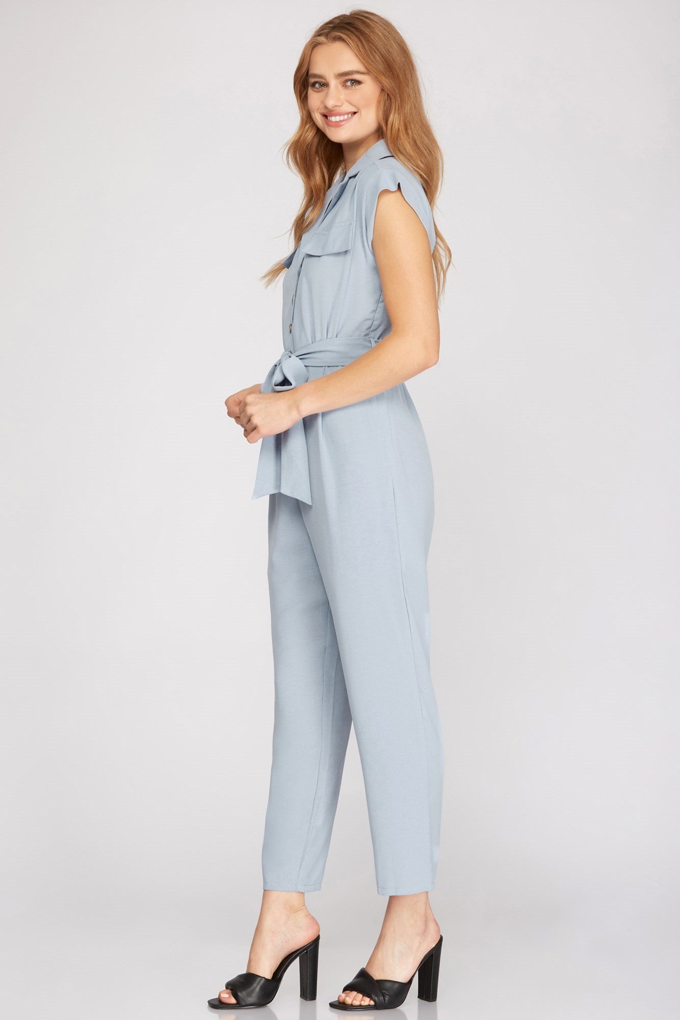 She And Sky Dolman Sleeve Flap Pocket Belted Jumpsuit In Light Blue-Rompers & Jumpsuits-She And Sky-Deja Nu Boutique, Women's Fashion Boutique in Lampasas, Texas