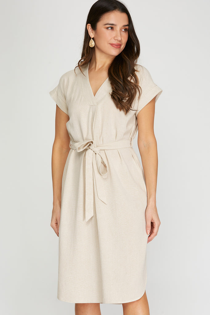 She And Sky Drop Short Sleeve Linen Dress With Waist Tie In Natural-Short Dresses-She And Sky-Deja Nu Boutique, Women's Fashion Boutique in Lampasas, Texas