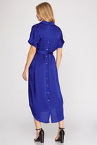 She And Sky Drop Shoulder Satin Shirt Dress With Back Button Down Detail And Waist Sash In Royal Blue-Midi Dresses-She And Sky-Deja Nu Boutique, Women's Fashion Boutique in Lampasas, Texas