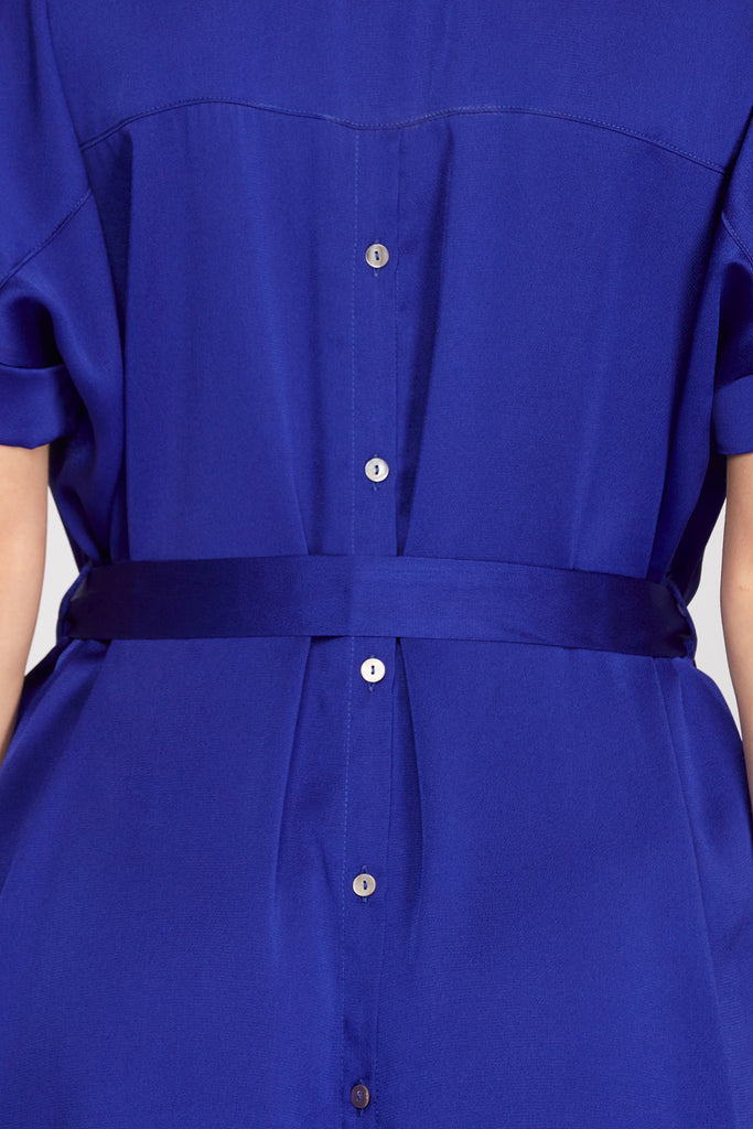 She And Sky Drop Shoulder Satin Shirt Dress With Back Button Down Detail And Waist Sash In Royal Blue-Midi Dresses-She And Sky-Deja Nu Boutique, Women's Fashion Boutique in Lampasas, Texas