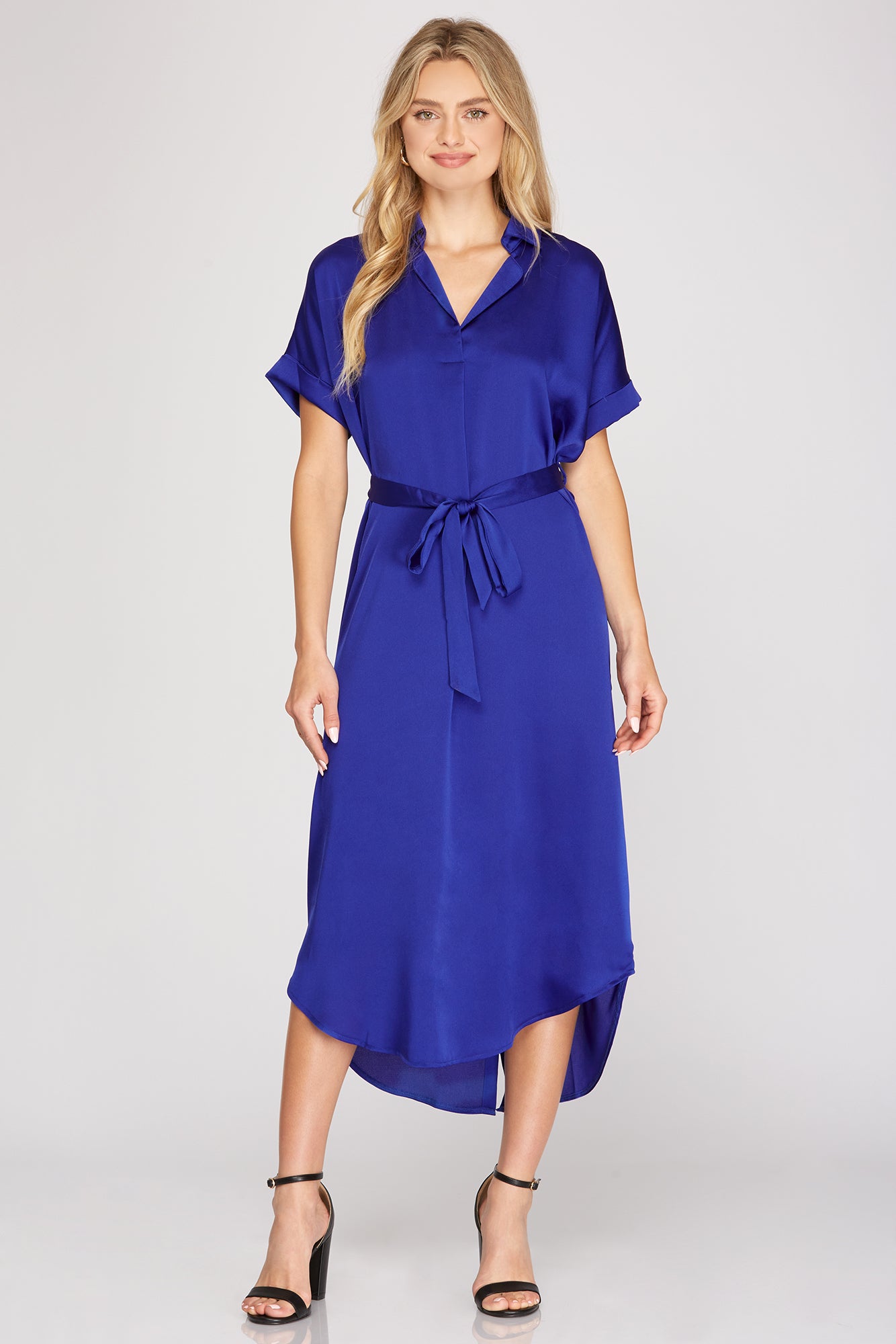 She And Sky Drop Shoulder Satin Shirt Dress With Back Button Down Detail And Waist Sash In Royal Blue-Midi Dresses-She And Sky-Deja Nu Boutique, Women's Fashion Boutique in Lampasas, Texas