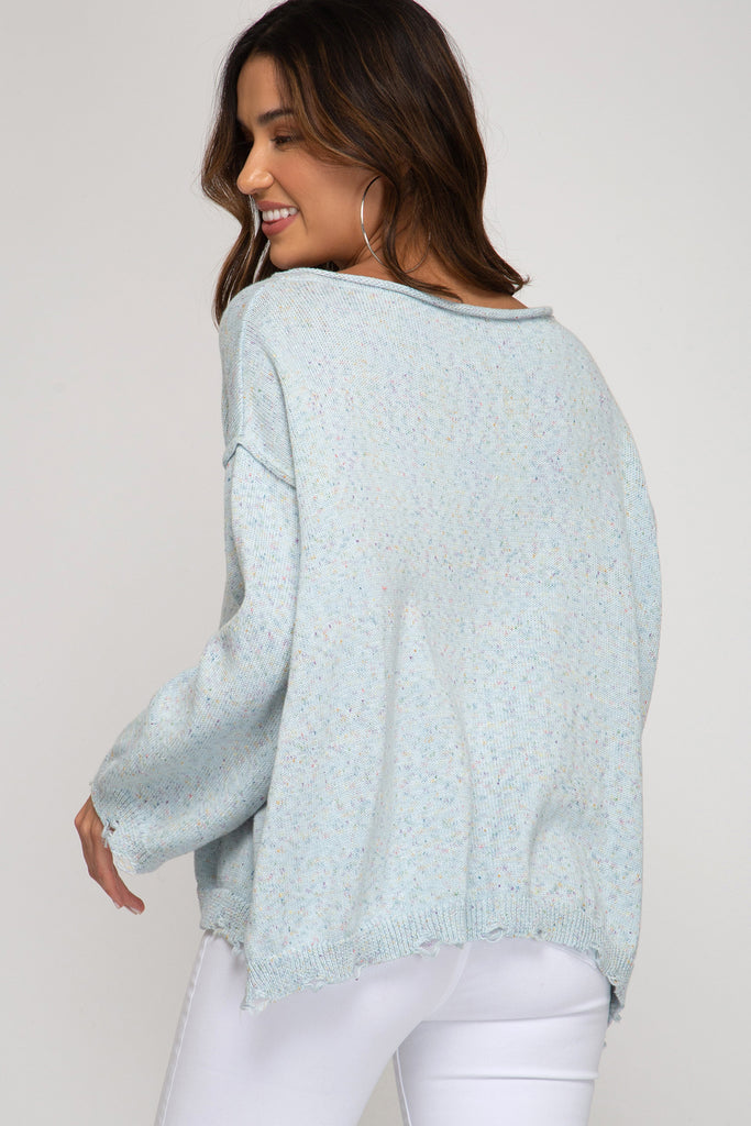 She And Sky Dusty Blue Cable Mixed Knit Sweater-Sweaters-She And Sky-Deja Nu Boutique, Women's Fashion Boutique in Lampasas, Texas