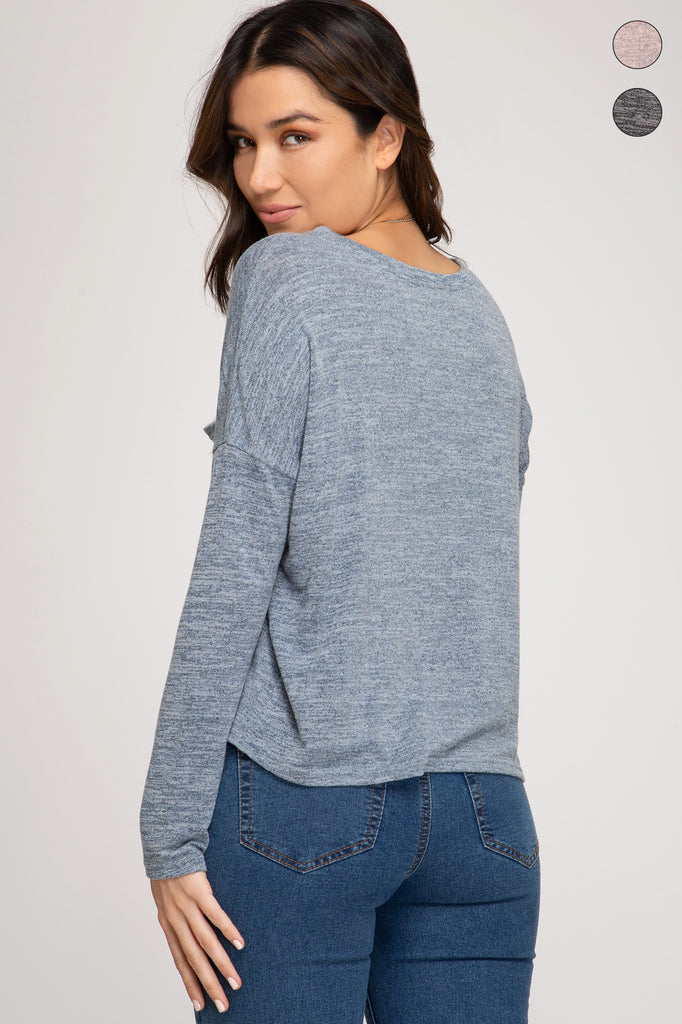 She And Sky Dusty Blue Crop Knit Lounge Top With Pocket-Tops-She And Sky-Deja Nu Boutique, Women's Fashion Boutique in Lampasas, Texas