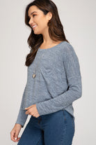 She And Sky Dusty Blue Crop Knit Lounge Top With Pocket-Tops-She And Sky-Deja Nu Boutique, Women's Fashion Boutique in Lampasas, Texas