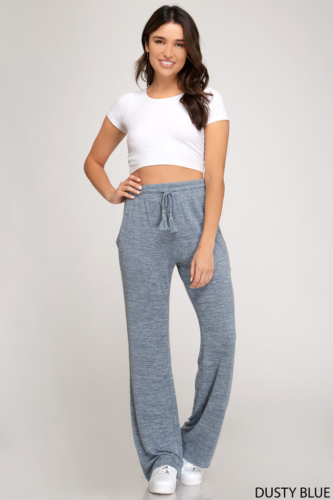 She And Sky Dusty Blue Drawstring Wide Leg Pant-Bottoms-She And Sky-Deja Nu Boutique, Women's Fashion Boutique in Lampasas, Texas