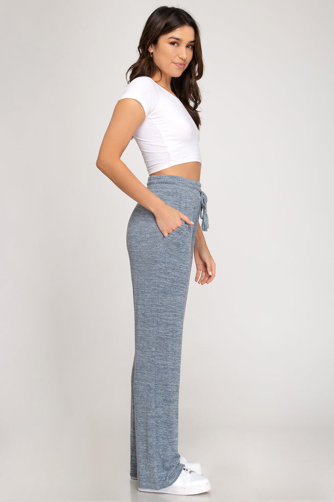 She And Sky Dusty Blue Drawstring Wide Leg Pant-Bottoms-She And Sky-Deja Nu Boutique, Women's Fashion Boutique in Lampasas, Texas