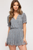 She And Sky Dusty Blue Heart Print V Neck Romper-Rompers & Jumpsuits-She And Sky-Deja Nu Boutique, Women's Fashion Boutique in Lampasas, Texas