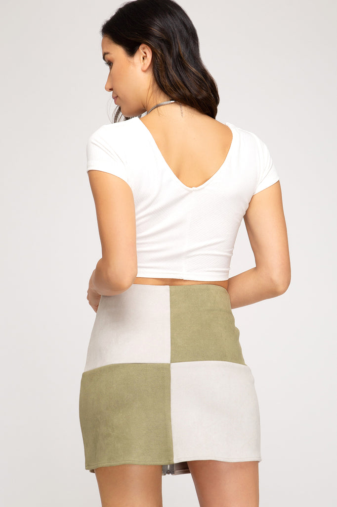 She And Sky Faux Suede Olive And Cream Color Block Mini Skirt-Skirts-She And Sky-Deja Nu Boutique, Women's Fashion Boutique in Lampasas, Texas