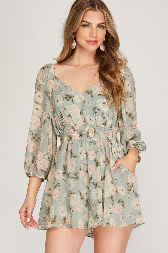 She And Sky Floral Romper With Smocked Waist In A Mint Blush Print-Rompers & Jumpsuits-She And Sky-Deja Nu Boutique, Women's Fashion Boutique in Lampasas, Texas
