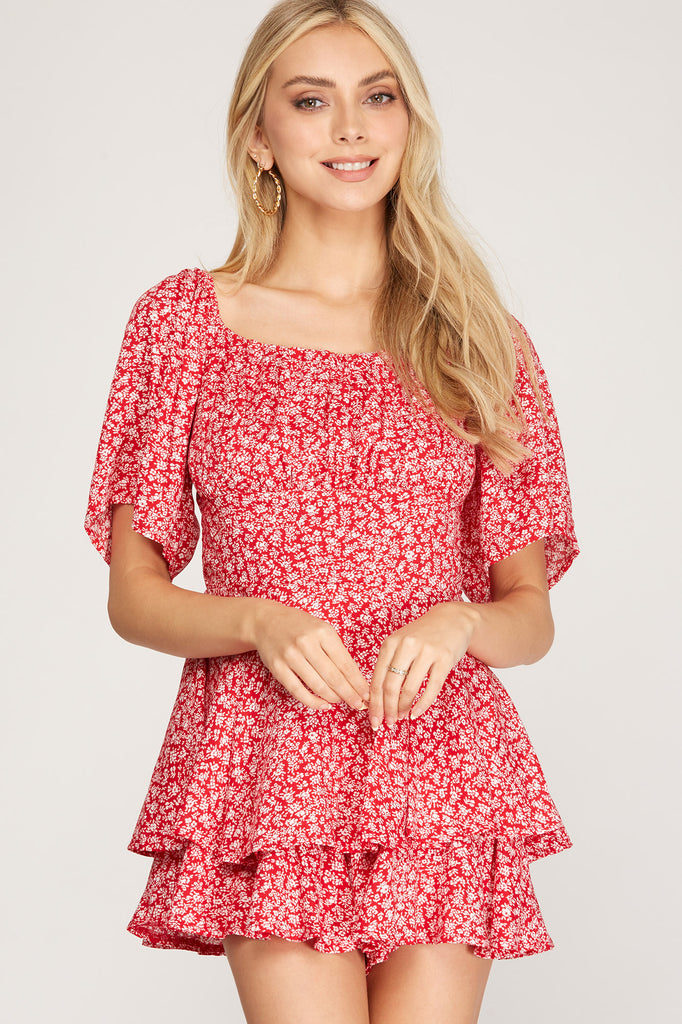 She And Sky Flutter Half Sleeve Red Floral Print Layered Romper-Rompers & Jumpsuits-She And Sky-Deja Nu Boutique, Women's Fashion Boutique in Lampasas, Texas