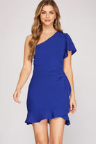 She And Sky Flutter Short Sleeve Woven Dress With Shirred Detail And Ruffled Hem In Royal Blue-Short Dresses-She And Sky-Deja Nu Boutique, Women's Fashion Boutique in Lampasas, Texas