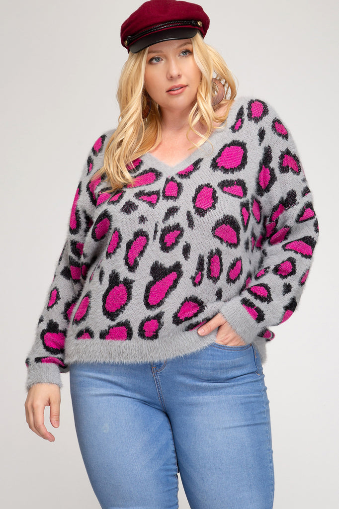 She And Sky Hot Pink And Grey Leopard V Back Plus Sweater-Curvy/Plus Tops-She And Sky-Deja Nu Boutique, Women's Fashion Boutique in Lampasas, Texas