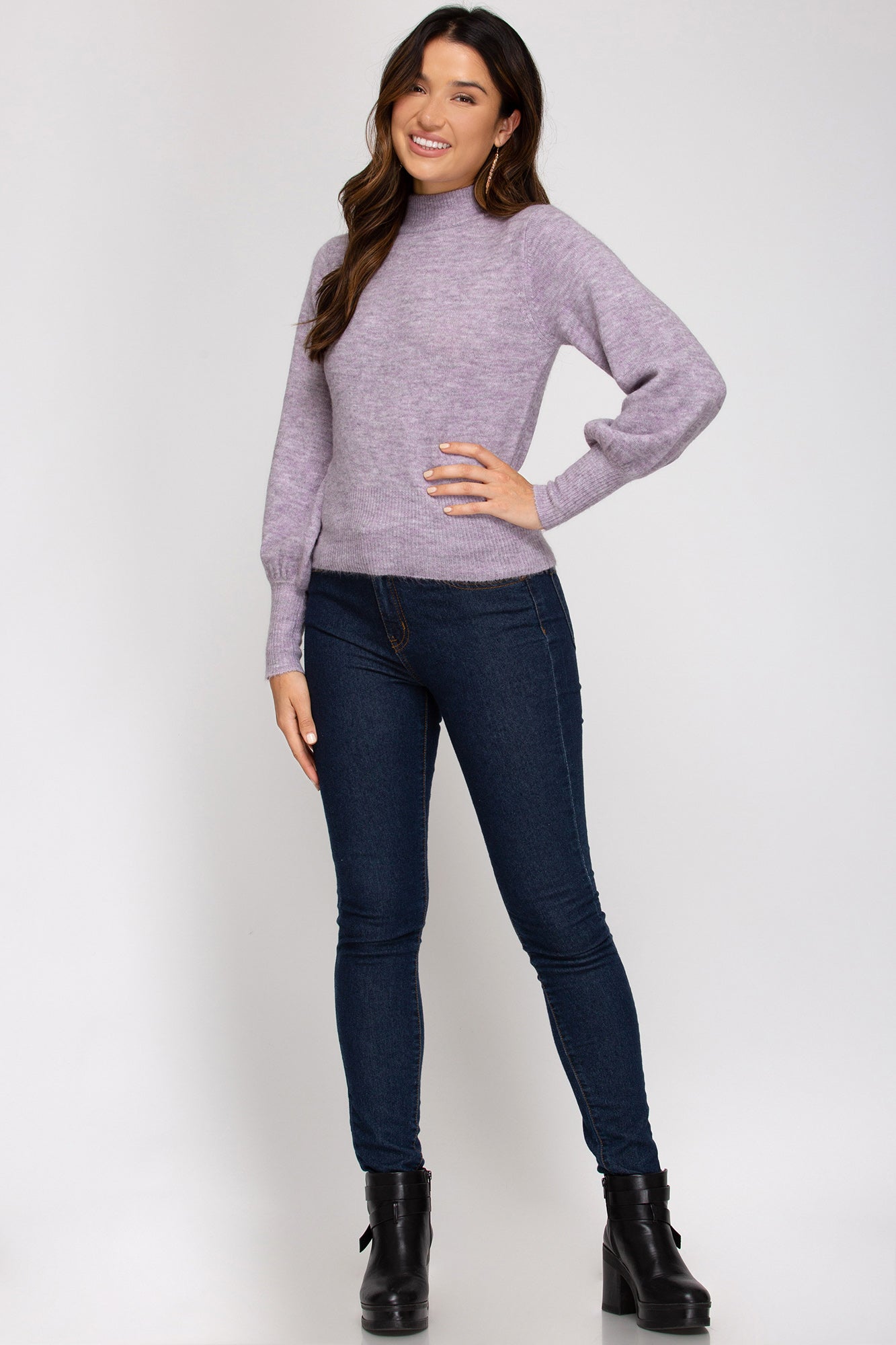 She And Sky Lavender Mock Neck Turtleneck With Balloon Sleeve Sweater-Sweaters-She And Sky-Deja Nu Boutique, Women's Fashion Boutique in Lampasas, Texas