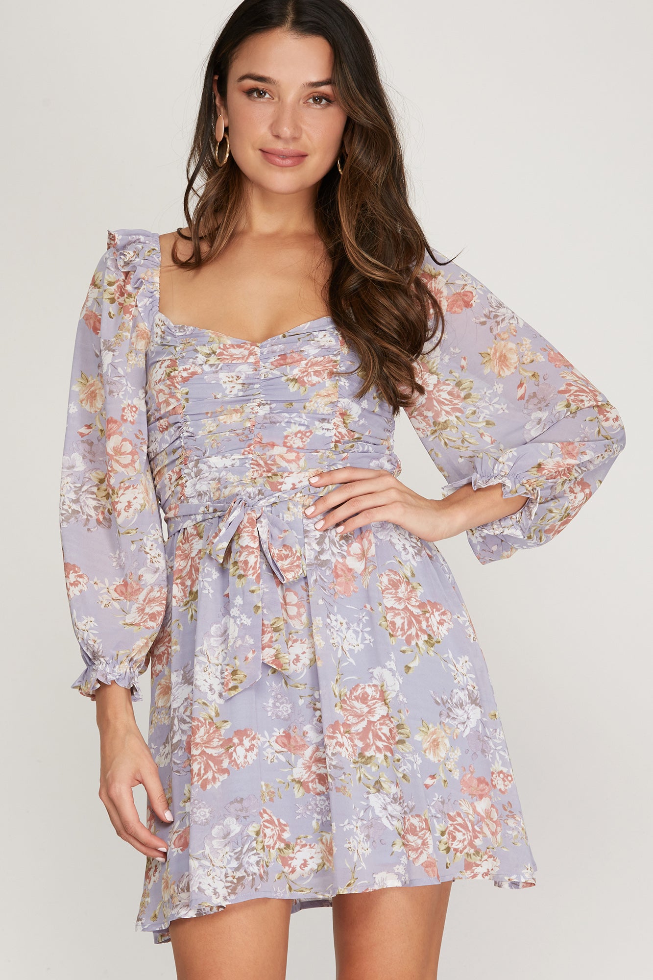 She And Sky Lilac Floral Print Ruched Dress-Short Dresses-She And Sky-Deja Nu Boutique, Women's Fashion Boutique in Lampasas, Texas