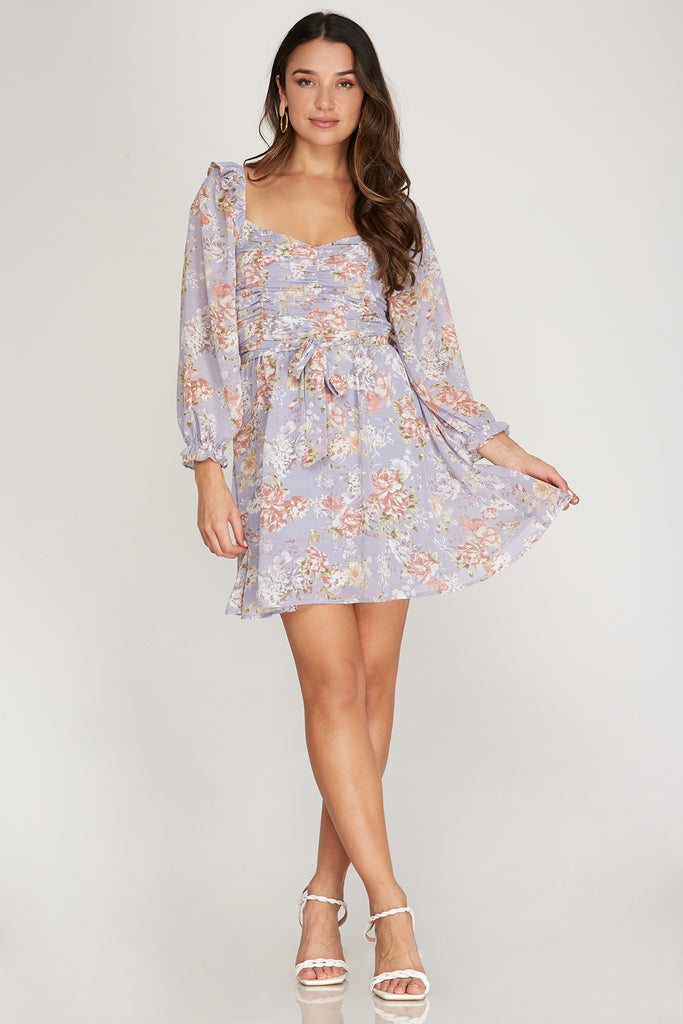 She And Sky Lilac Floral Print Ruched Dress-Short Dresses-She And Sky-Deja Nu Boutique, Women's Fashion Boutique in Lampasas, Texas