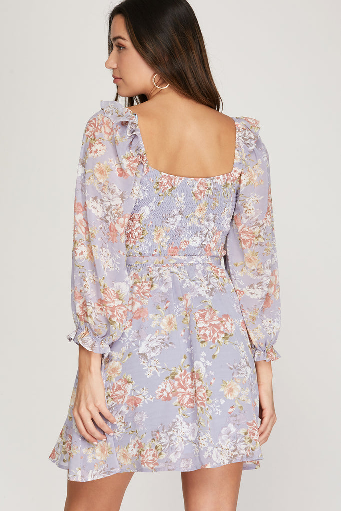 She And Sky Lilac Floral Print Ruched Dress-Short Dresses-She And Sky-Deja Nu Boutique, Women's Fashion Boutique in Lampasas, Texas
