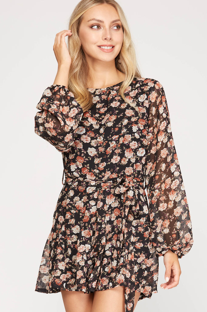 She And Sky Long Sleeve Floral Print Romper-Rompers & Jumpsuits-She And Sky-Deja Nu Boutique, Women's Fashion Boutique in Lampasas, Texas