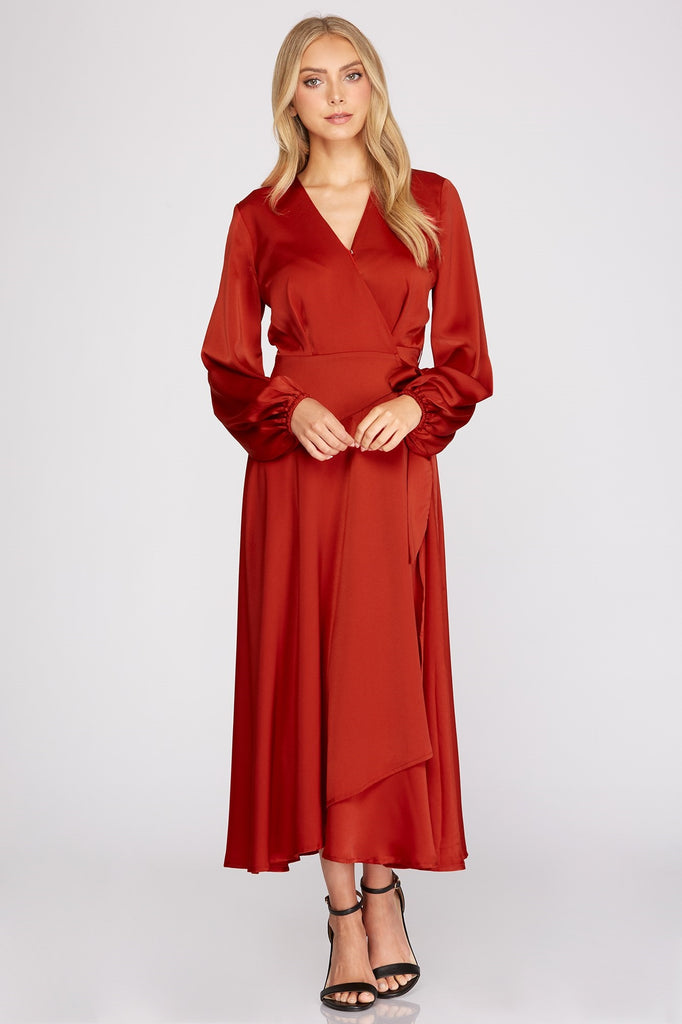 She And Sky Long Sleeve Maxi Satin Wrap Dress With Front Side Tie In Rust-Maxi Dresses-She And Sky-Deja Nu Boutique, Women's Fashion Boutique in Lampasas, Texas