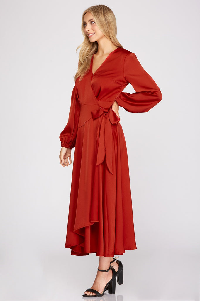 She And Sky Long Sleeve Maxi Satin Wrap Dress With Front Side Tie In Rust-Maxi Dresses-She And Sky-Deja Nu Boutique, Women's Fashion Boutique in Lampasas, Texas