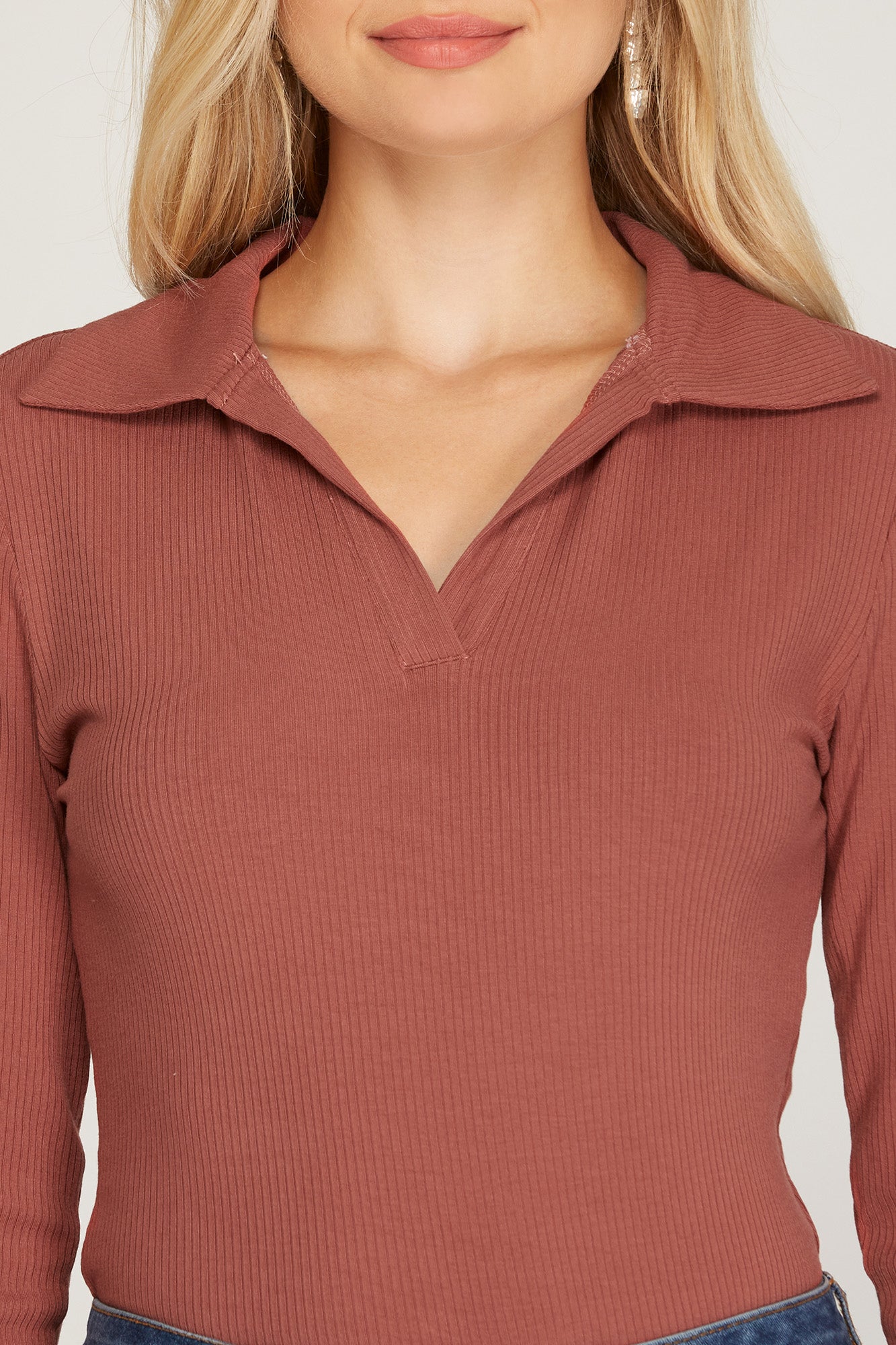 She And Sky Long Sleeve Ribbed Knit Collared Bodysuit With Snap Closure In Terracotta-Tops-She And Sky-Deja Nu Boutique, Women's Fashion Boutique in Lampasas, Texas