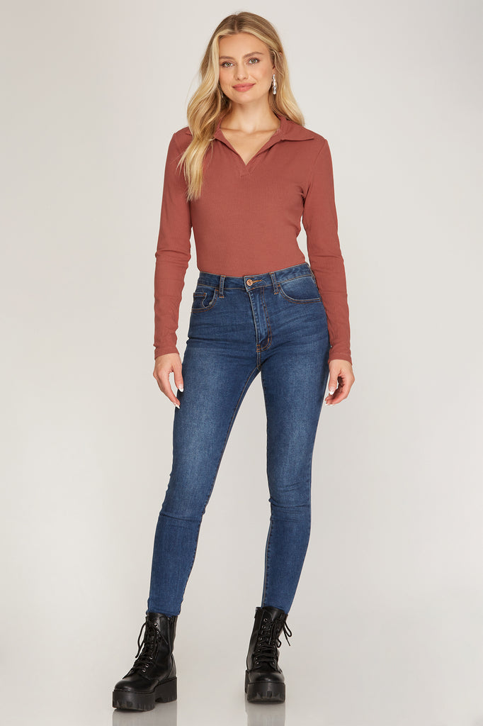 She And Sky Long Sleeve Ribbed Knit Collared Bodysuit With Snap Closure In Terracotta-Tops-She And Sky-Deja Nu Boutique, Women's Fashion Boutique in Lampasas, Texas