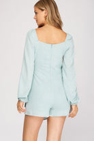 She And Sky Long Sleeve Surplice Woven Romper With Side Tie In Seafoam-Rompers & Jumpsuits-She And Sky-Deja Nu Boutique, Women's Fashion Boutique in Lampasas, Texas