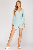 She And Sky Long Sleeve Surplice Woven Romper With Side Tie In Seafoam-Rompers & Jumpsuits-She And Sky-Deja Nu Boutique, Women's Fashion Boutique in Lampasas, Texas