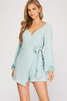 She And Sky Long Sleeve Surplice Woven Romper With Side Tie In Seafoam-Rompers & Jumpsuits-She And Sky-Deja Nu Boutique, Women's Fashion Boutique in Lampasas, Texas