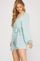 She And Sky Long Sleeve Surplice Woven Romper With Side Tie In Seafoam-Rompers & Jumpsuits-She And Sky-Deja Nu Boutique, Women's Fashion Boutique in Lampasas, Texas