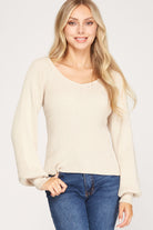 She And Sky Long Sleeve V Neck Knit Sweater Top In Light Taupe-Sweaters-She And Sky-Deja Nu Boutique, Women's Fashion Boutique in Lampasas, Texas