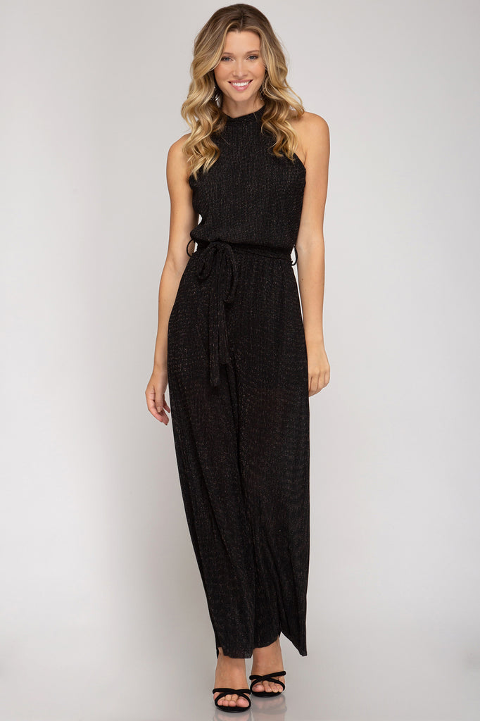 She And Sky Lurex Halter Jumpsuit-Rompers & Jumpsuits-She And Sky-Deja Nu Boutique, Women's Fashion Boutique in Lampasas, Texas