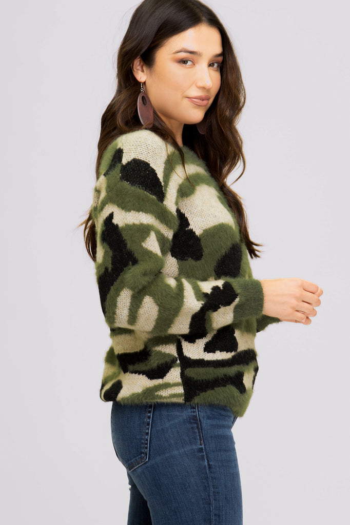 She And Sky Olive Camouflage Pullover Sweater One Size-Sweaters-She And Sky-Deja Nu Boutique, Women's Fashion Boutique in Lampasas, Texas