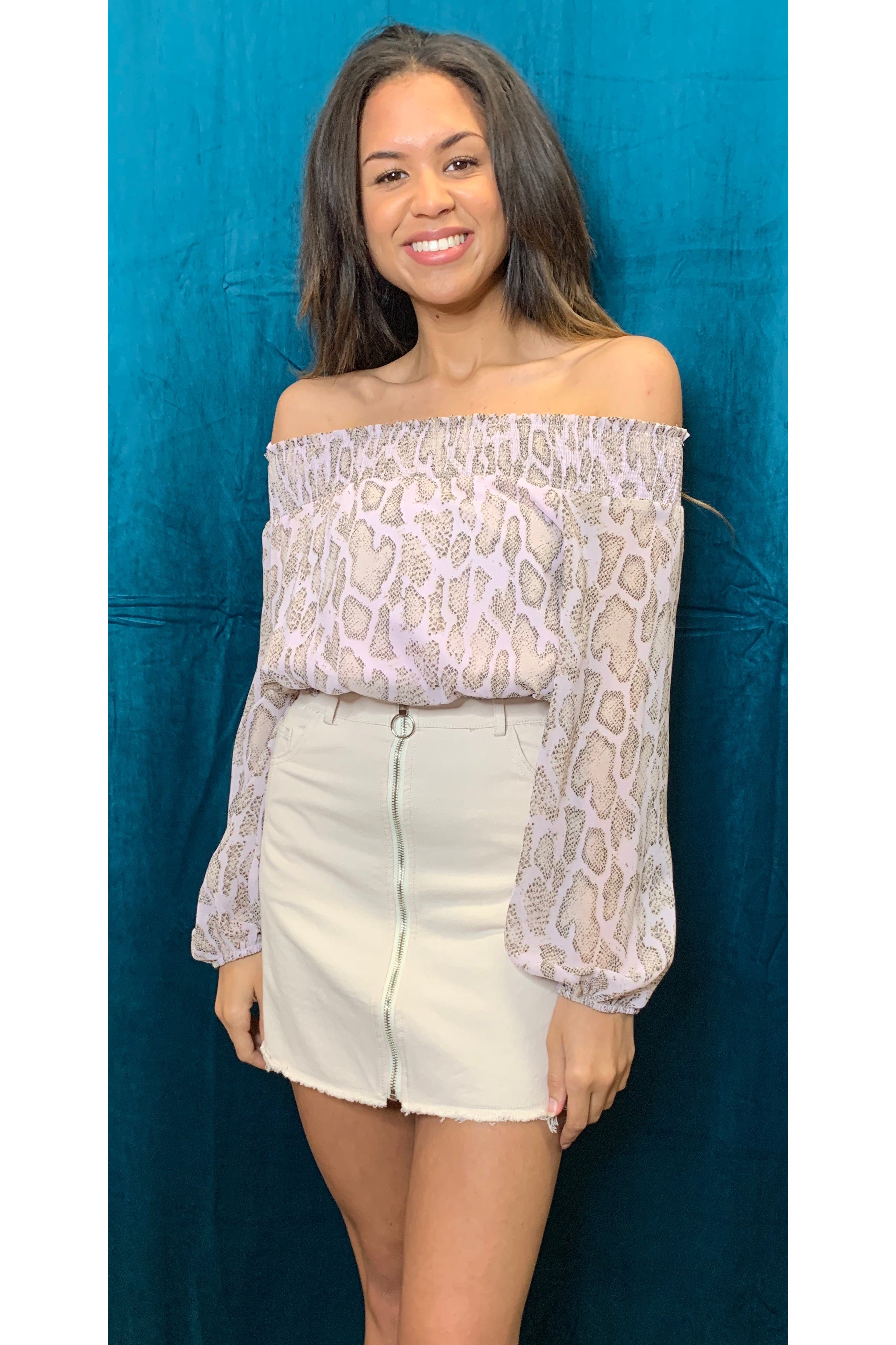 She And Sky Pink Snake Print Off The Shoulder Crop Top-Tops-She And Sky-Deja Nu Boutique, Women's Fashion Boutique in Lampasas, Texas