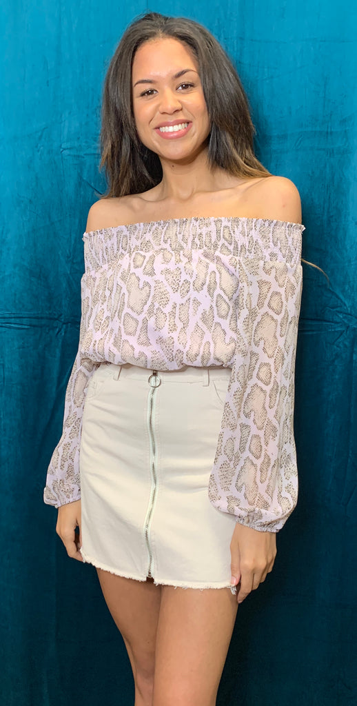 She And Sky Pink Snake Print Off The Shoulder Crop Top-Tops-She And Sky-Deja Nu Boutique, Women's Fashion Boutique in Lampasas, Texas