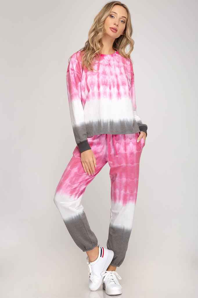 She And Sky Pink Tie Dye Jogger Top-Sweaters-She And Sky-Deja Nu Boutique, Women's Fashion Boutique in Lampasas, Texas