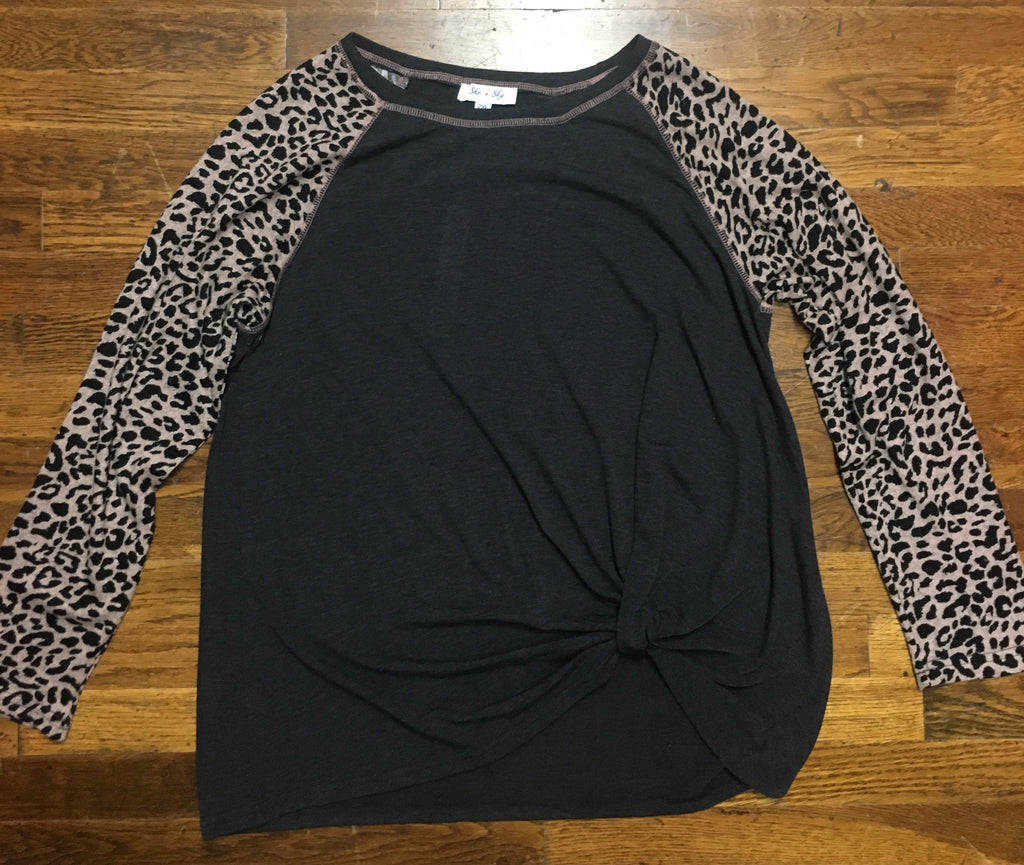 She And Sky Plus Charcoal Animal Print Sleeves With Side Twist Top-Curvy/Plus Tops-She And Sky-Deja Nu Boutique, Women's Fashion Boutique in Lampasas, Texas