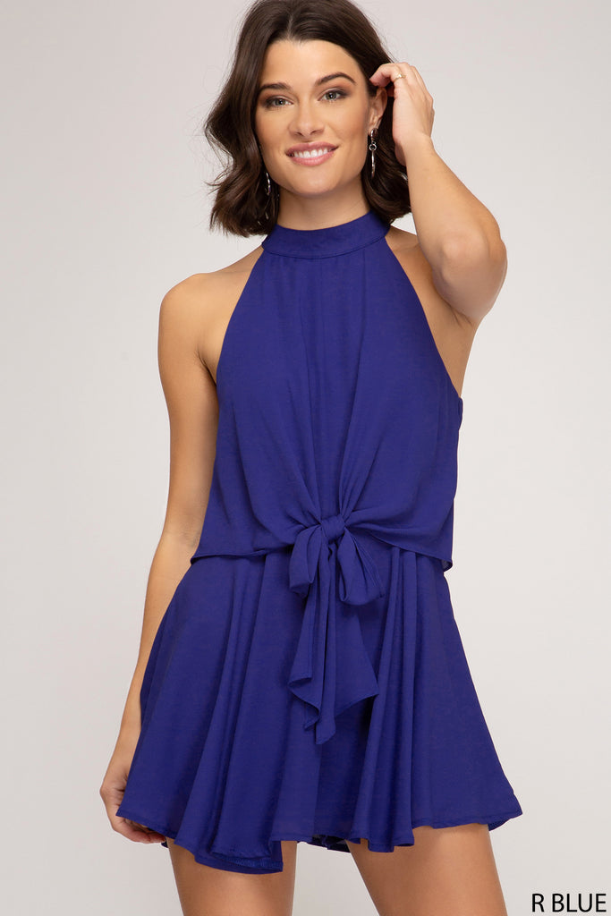 She And Sky Royal Blue Halter Romper-Rompers & Jumpsuits-She And Sky-Deja Nu Boutique, Women's Fashion Boutique in Lampasas, Texas