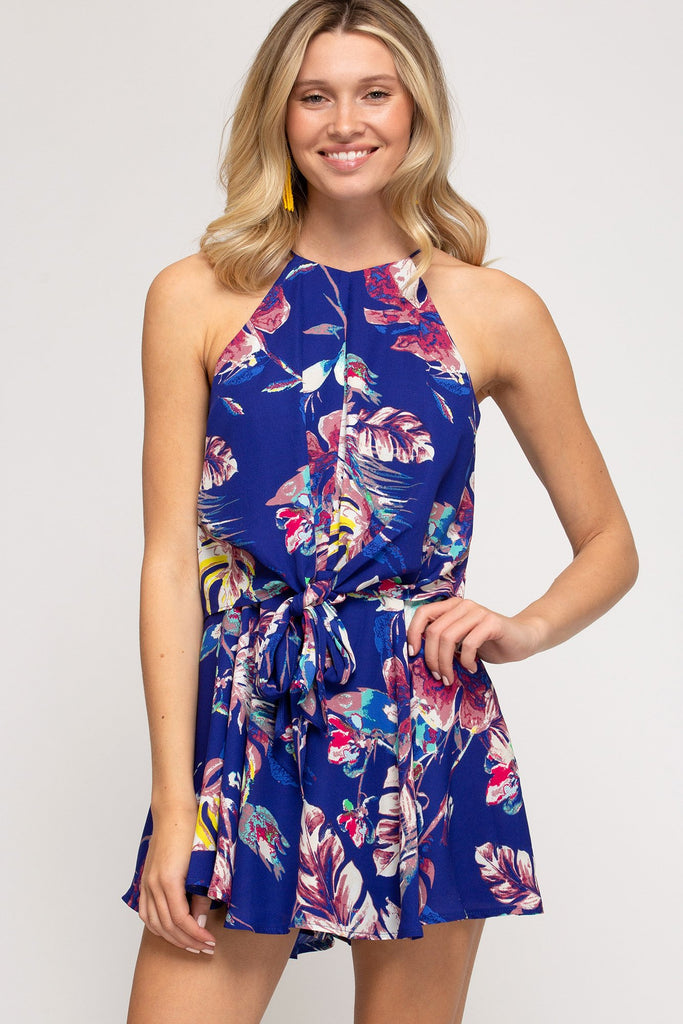 She And Sky Royal Blue Hawaiian Floral Print Romper-Rompers & Jumpsuits-She And Sky-Deja Nu Boutique, Women's Fashion Boutique in Lampasas, Texas