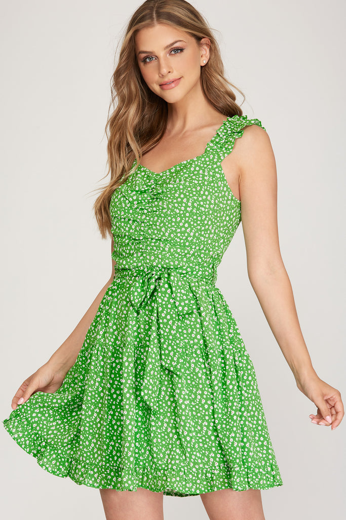 She And Sky Ruffle Sleeve Green Floral Print Dress With Waist Sash-Short Dresses-She And Sky-Deja Nu Boutique, Women's Fashion Boutique in Lampasas, Texas