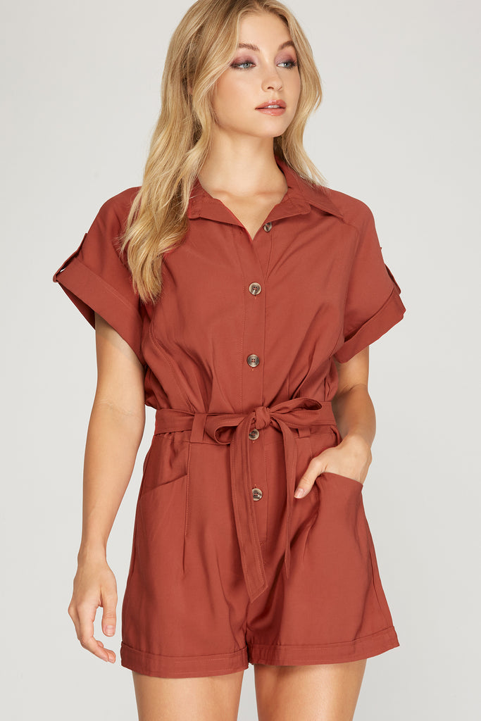 She And Sky Rust Drop Shoulder Woven Twill Romper With Pockets-Rompers & Jumpsuits-She And Sky-Deja Nu Boutique, Women's Fashion Boutique in Lampasas, Texas