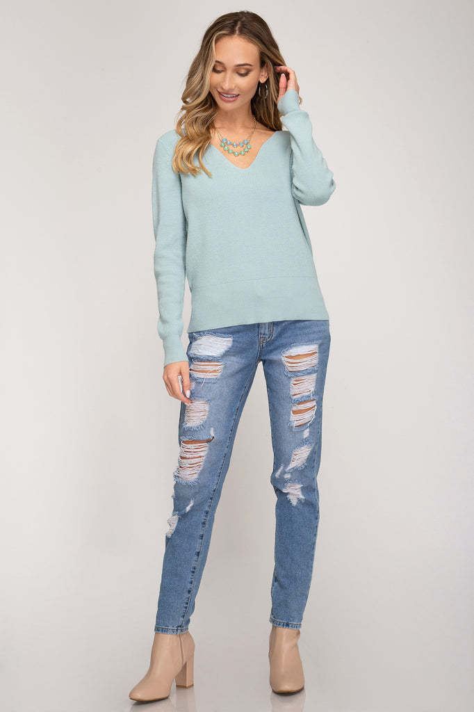 She And Sky Sea Foam V-Neck Sweater-Sweaters-She And Sky-Deja Nu Boutique, Women's Fashion Boutique in Lampasas, Texas