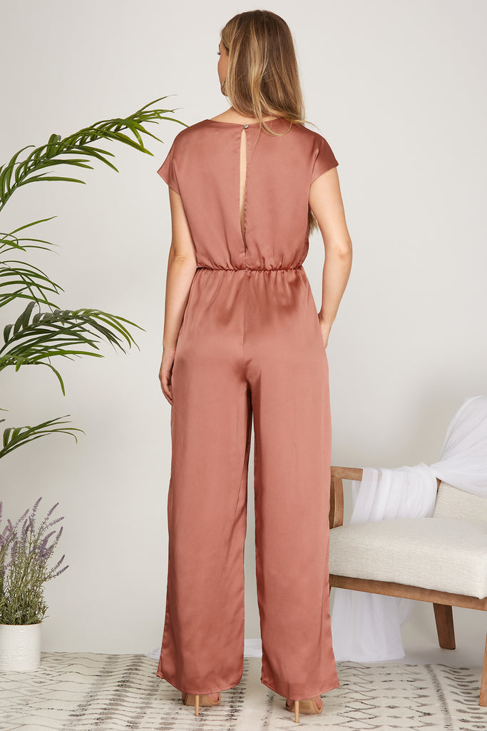 She And Sky Short Sleeve Satin Jumpsuit With Front Tie Detail In Copper Rose-Rompers & Jumpsuits-She And Sky-Deja Nu Boutique, Women's Fashion Boutique in Lampasas, Texas