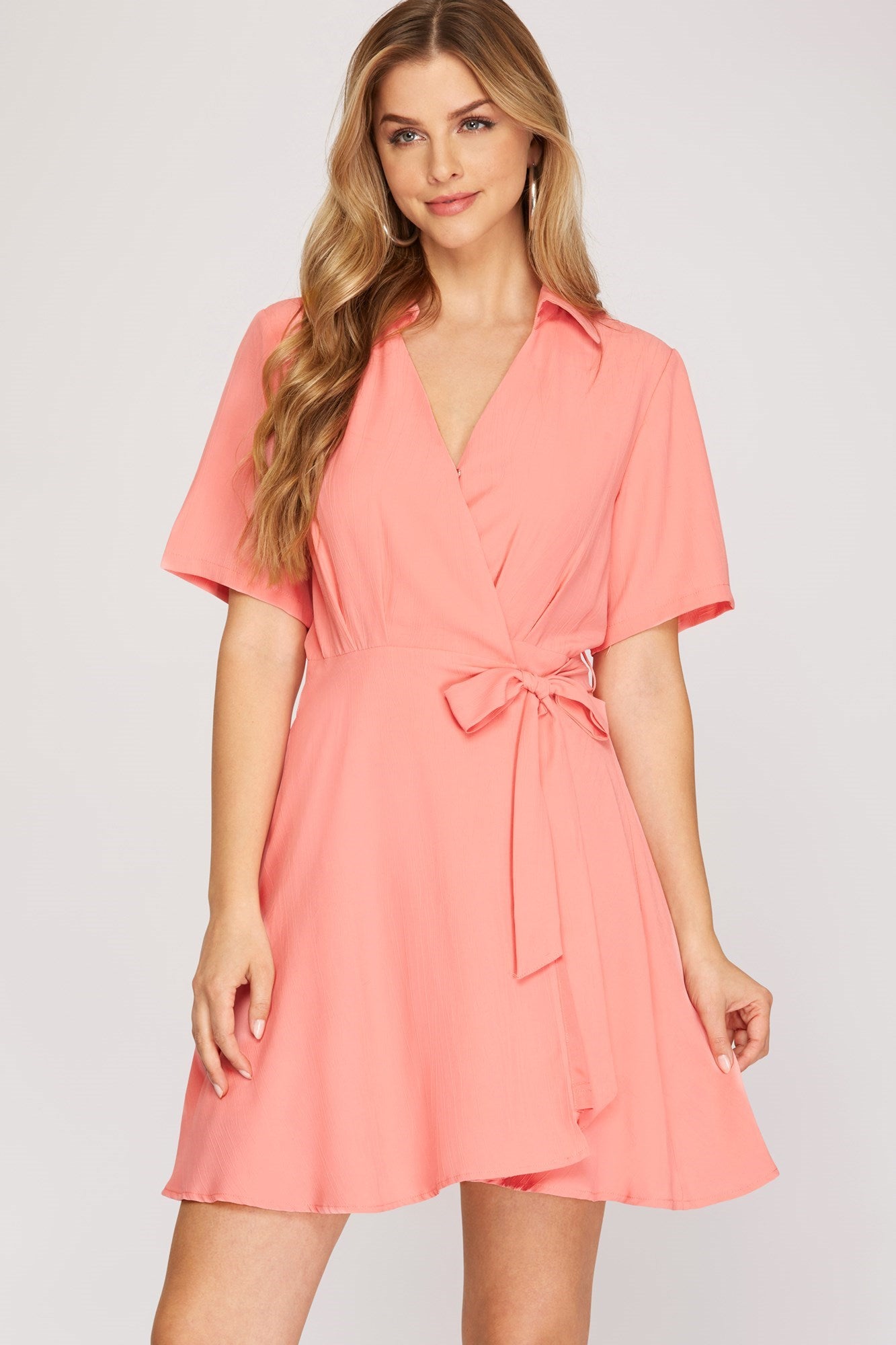 She And Sky Short Sleeve Wrap Dress With Front Side Tie In Coral Pink-Dresses-She And Sky-Deja Nu Boutique, Women's Fashion Boutique in Lampasas, Texas