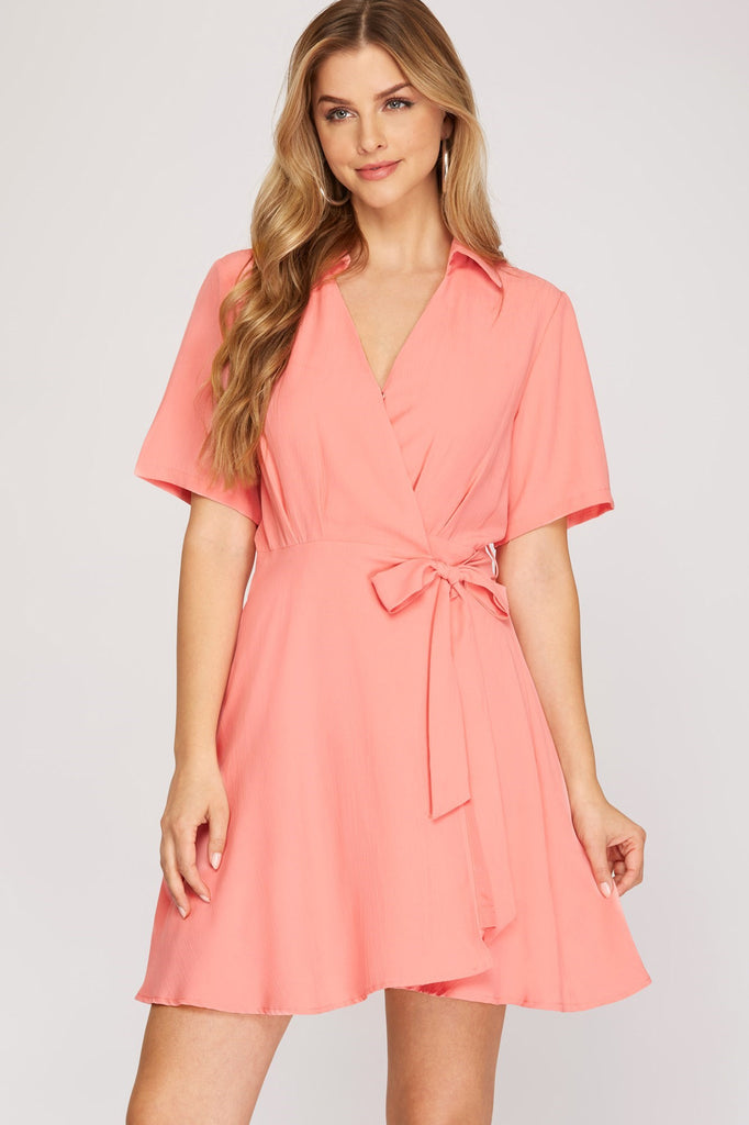 She And Sky Short Sleeve Wrap Dress With Front Side Tie In Coral Pink-Dresses-She And Sky-Deja Nu Boutique, Women's Fashion Boutique in Lampasas, Texas