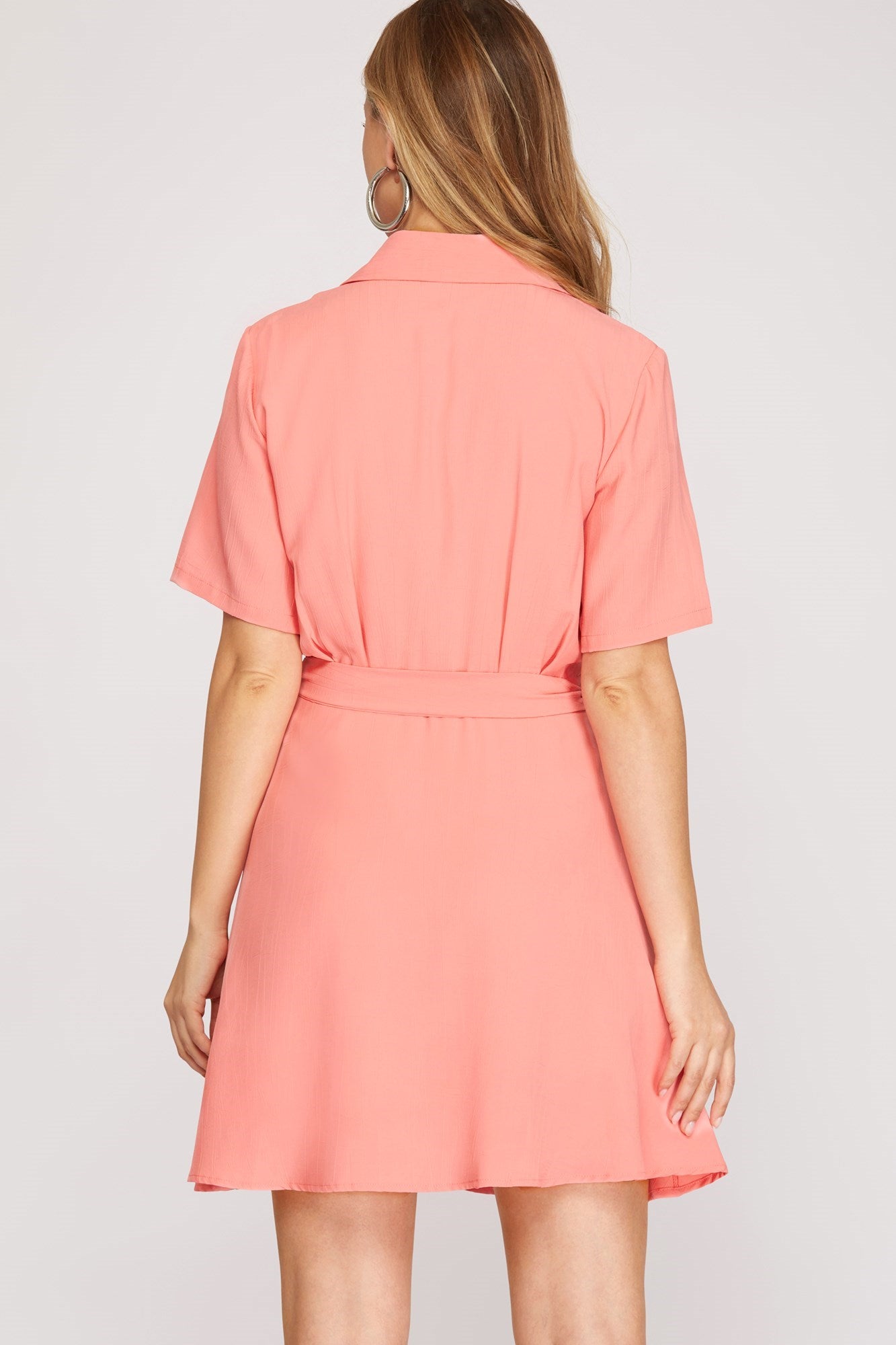 She And Sky Short Sleeve Wrap Dress With Front Side Tie In Coral Pink-Dresses-She And Sky-Deja Nu Boutique, Women's Fashion Boutique in Lampasas, Texas