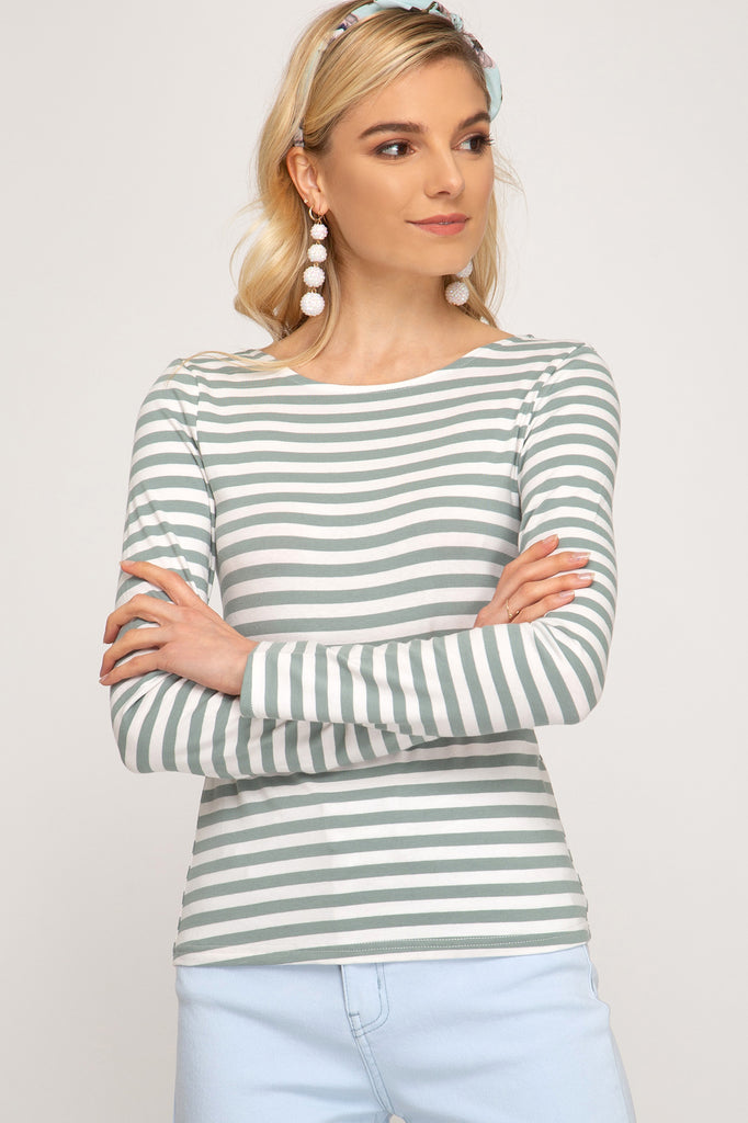 She And Sky Slate Green Stripe Long Sleeve Stripe Scoop Back Tee-Tops-She And Sky-Deja Nu Boutique, Women's Fashion Boutique in Lampasas, Texas