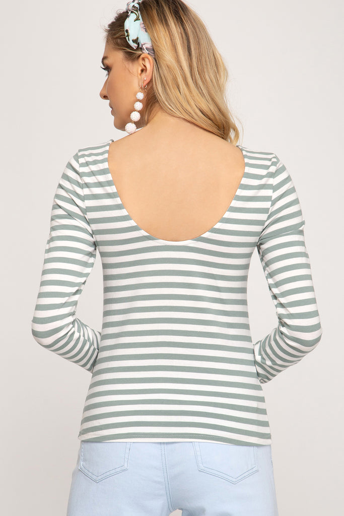 She And Sky Slate Green Stripe Long Sleeve Stripe Scoop Back Tee-Tops-She And Sky-Deja Nu Boutique, Women's Fashion Boutique in Lampasas, Texas