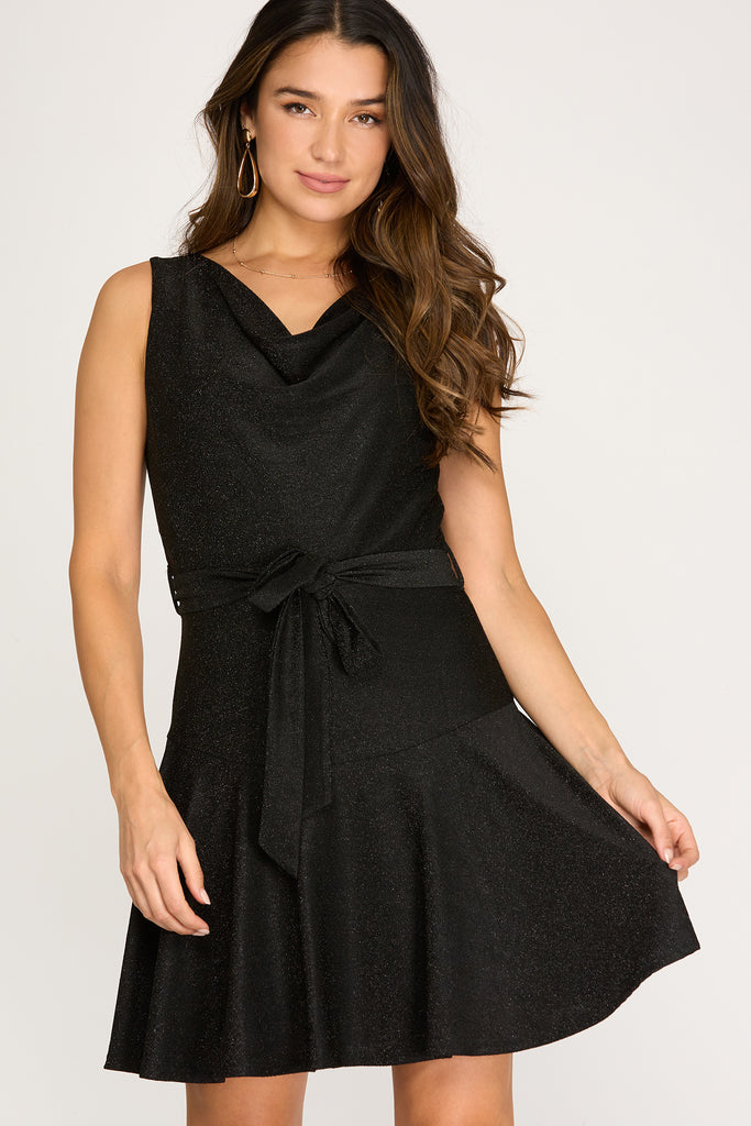 She And Sky Sleeveless Black Cowl Neck Lurex Flare Dress With Sash-Short Dresses-She And Sky-Deja Nu Boutique, Women's Fashion Boutique in Lampasas, Texas
