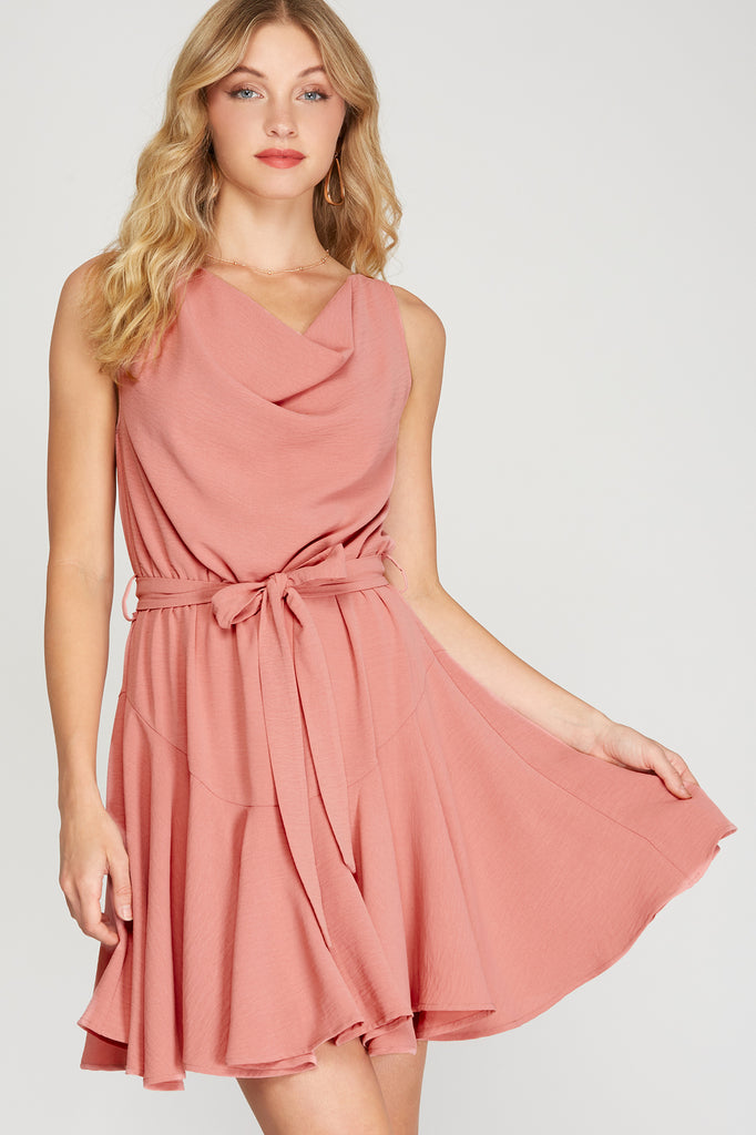 She And Sky Sleeveless Cowl Neck Flounce Woven Dress With Sash In Dusty Rose-Short Dresses-She And Sky-Deja Nu Boutique, Women's Fashion Boutique in Lampasas, Texas